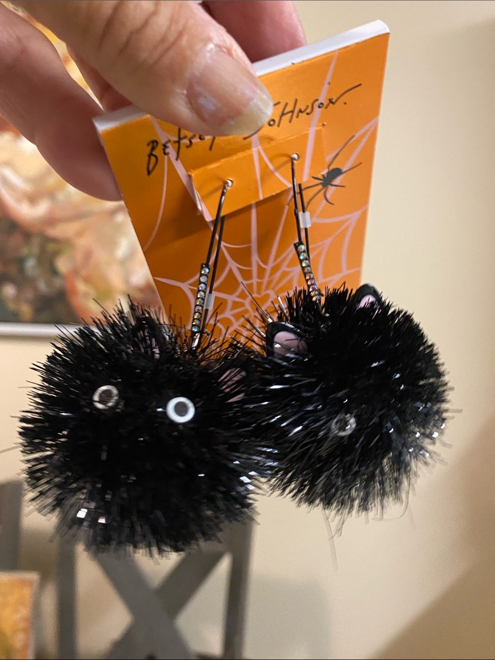 Betsey Johnson Black Fuzzy Cat Pom Pom Drop Earrings with Sparkle Hooks
